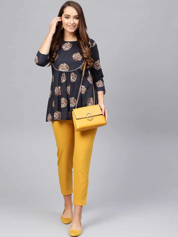 Navy Blue & Grey Printed Tunic-Yufta Store-7169TUNNBS