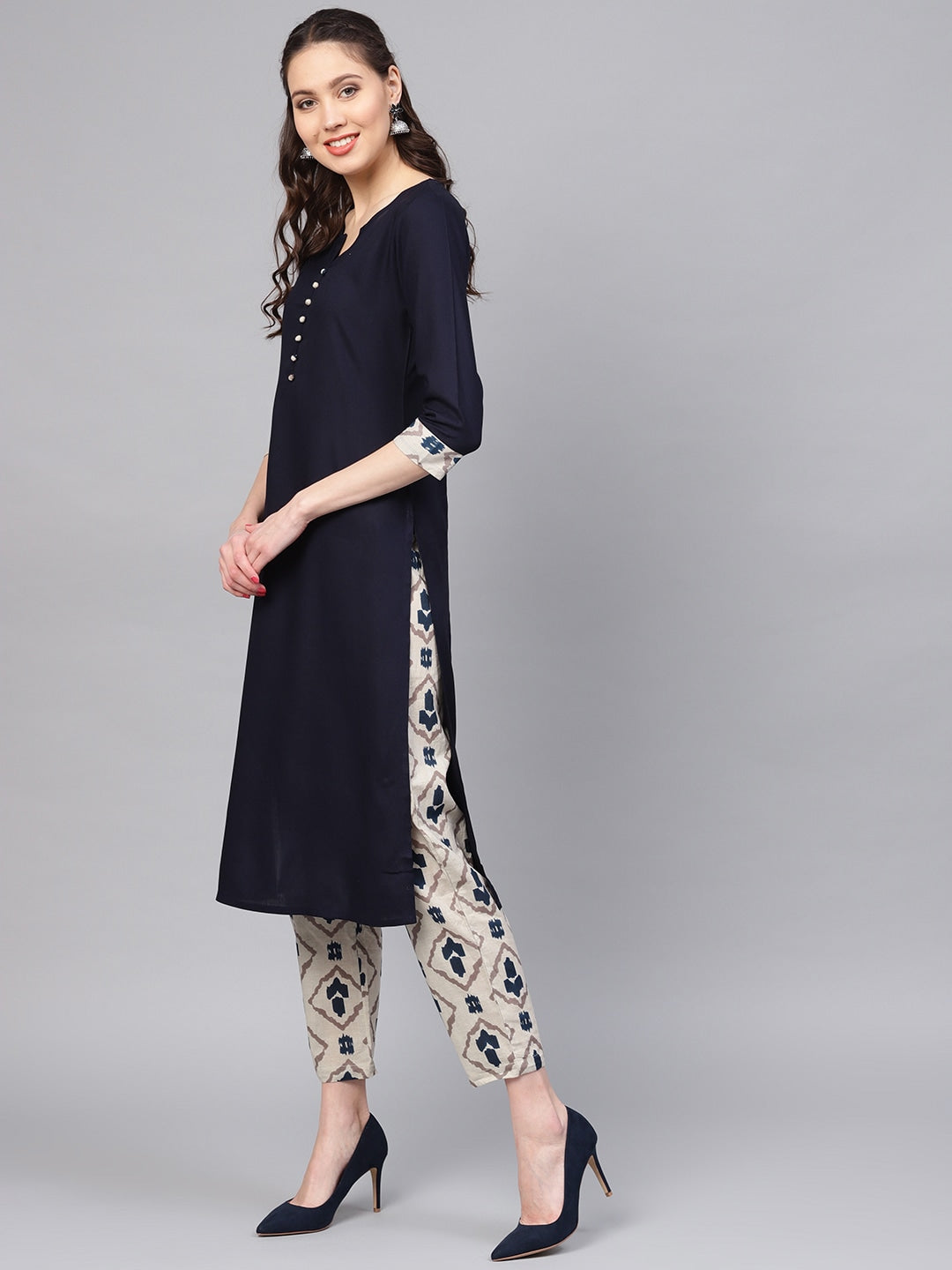 Navy Blue & Grey Solid Kurta Set-Yufta Store-YUFPJSET865S