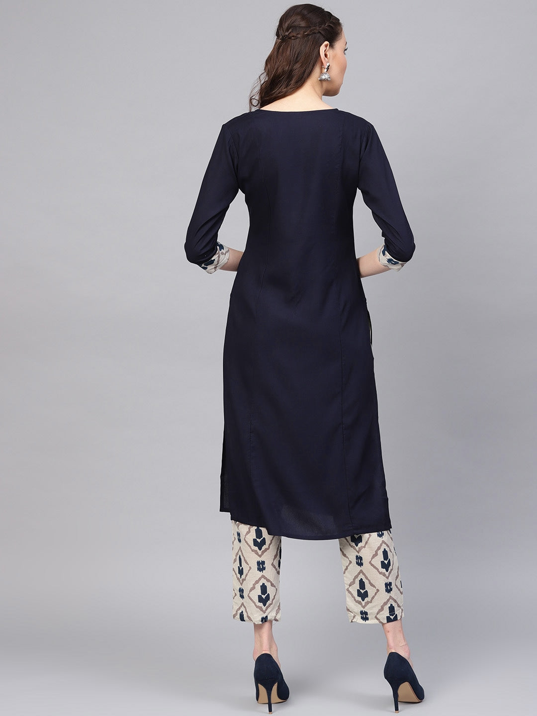 Navy Blue & Grey Solid Kurta Set-Yufta Store-YUFPJSET865S