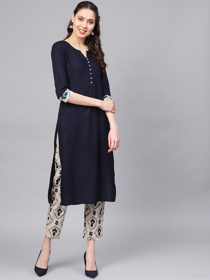 Navy Blue & Grey Solid Kurta Set-Yufta Store-YUFPJSET865S