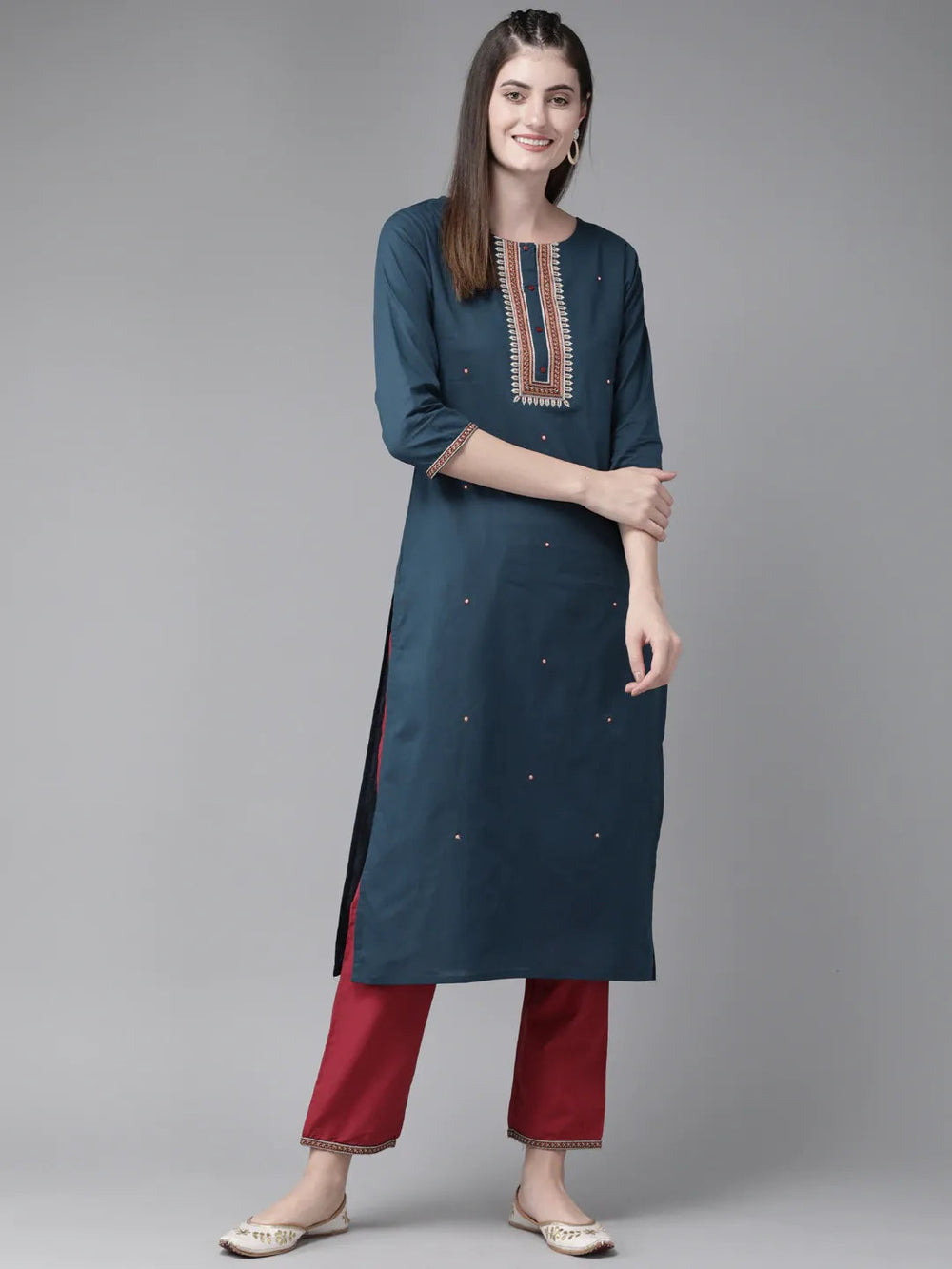 Navy Blue & Maroon Embroidered Kurta Set