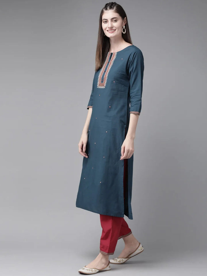 Navy Blue & Maroon Embroidered Kurta Set-Yufta Store-7762SETNBS