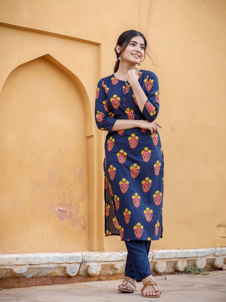 Navy Blue & Mustard Kurta Set-Yufta Store-9203SETNBXS