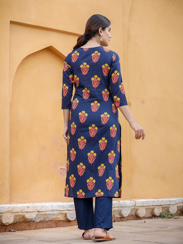 Navy Blue & Mustard Kurta Set-Yufta Store-9203SETNBXS