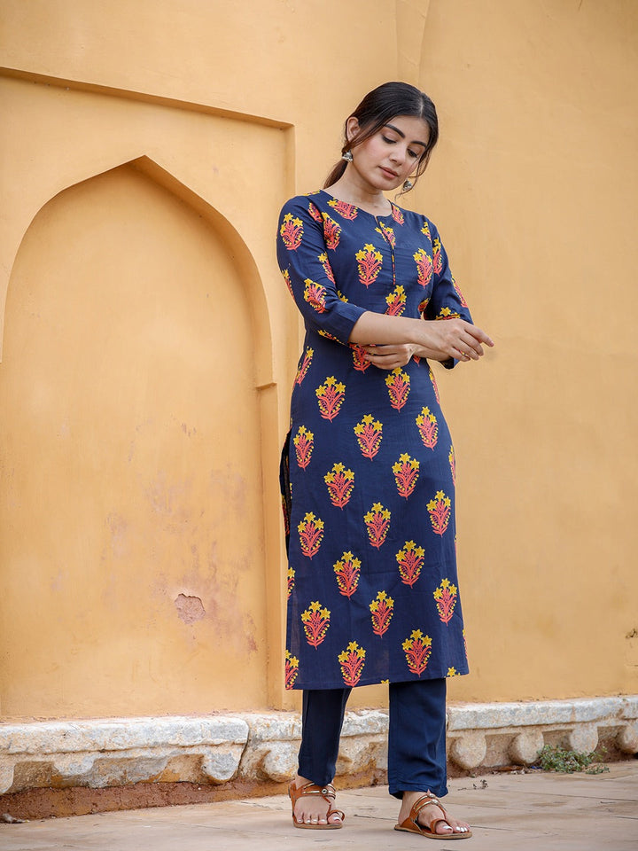 Navy Blue & Mustard Kurta Set-Yufta Store-9203SETNBXS