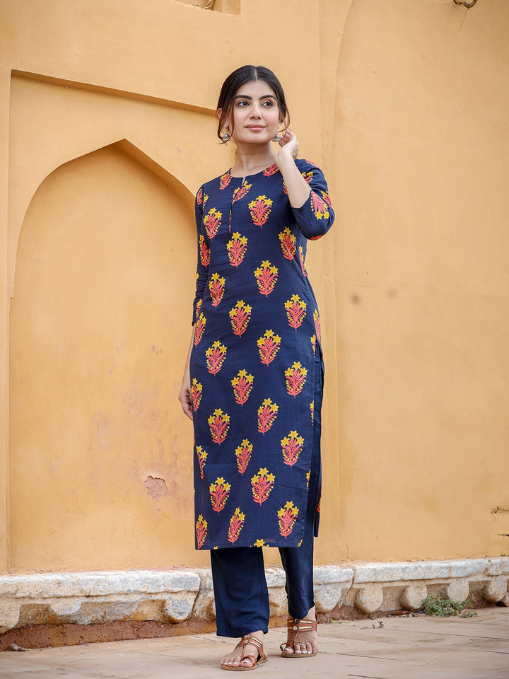 Navy Blue & Mustard Kurta Set-Yufta Store-9203SETNBXS