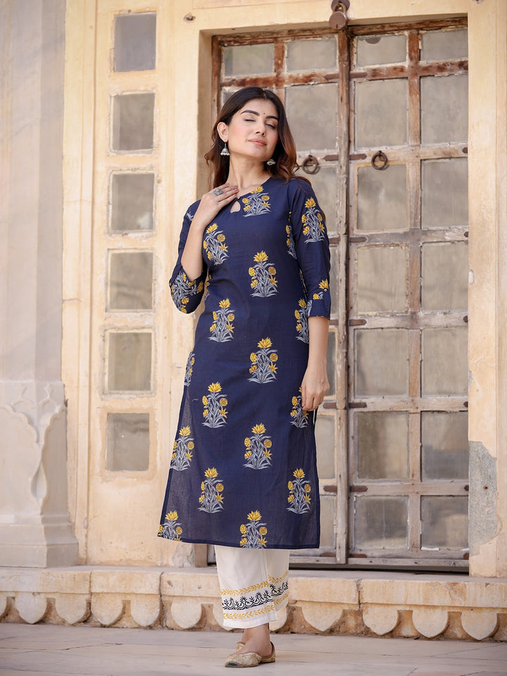 Navy Blue & Mustard Kurta Set-Yufta Store-9205SETBLXS