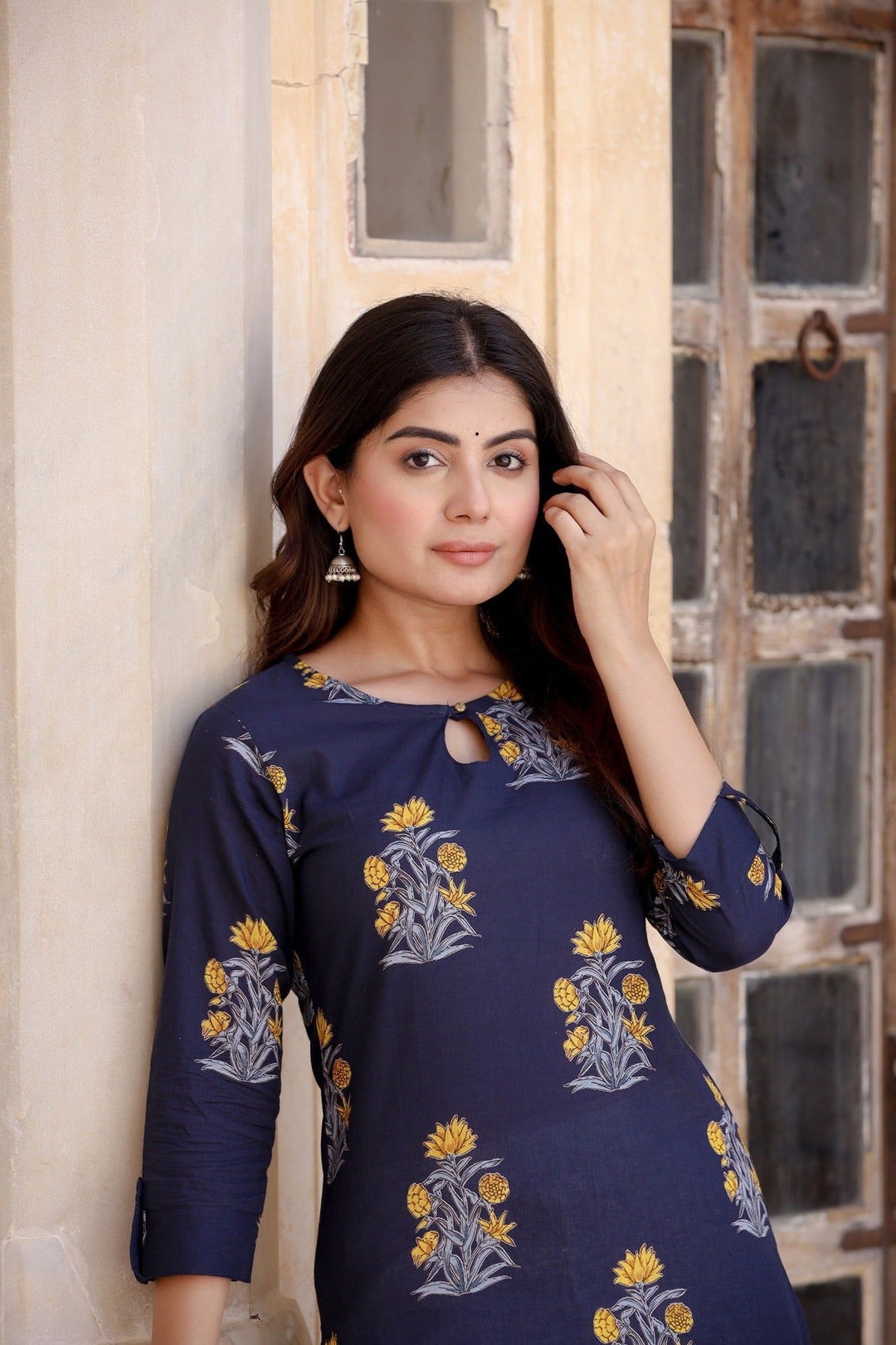 Navy Blue & Mustard Kurta Set-Yufta Store-9205SETBLXS