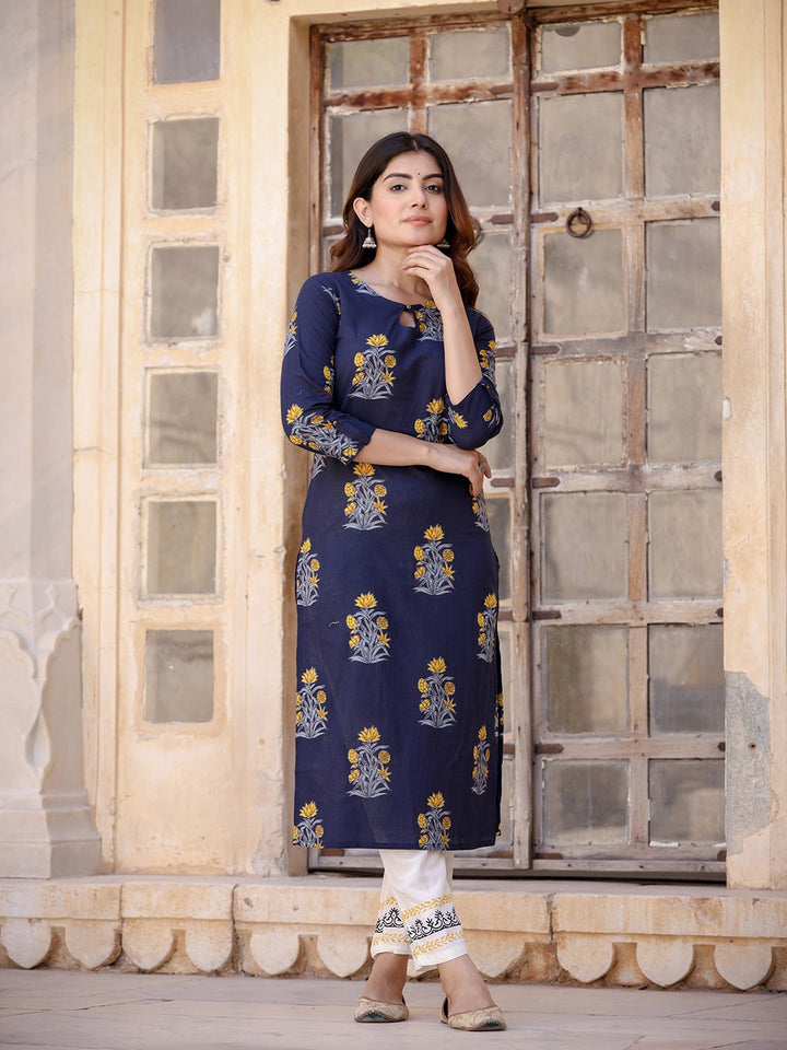 Navy Blue & Mustard Kurta Set-Yufta Store-9205SETBLXS