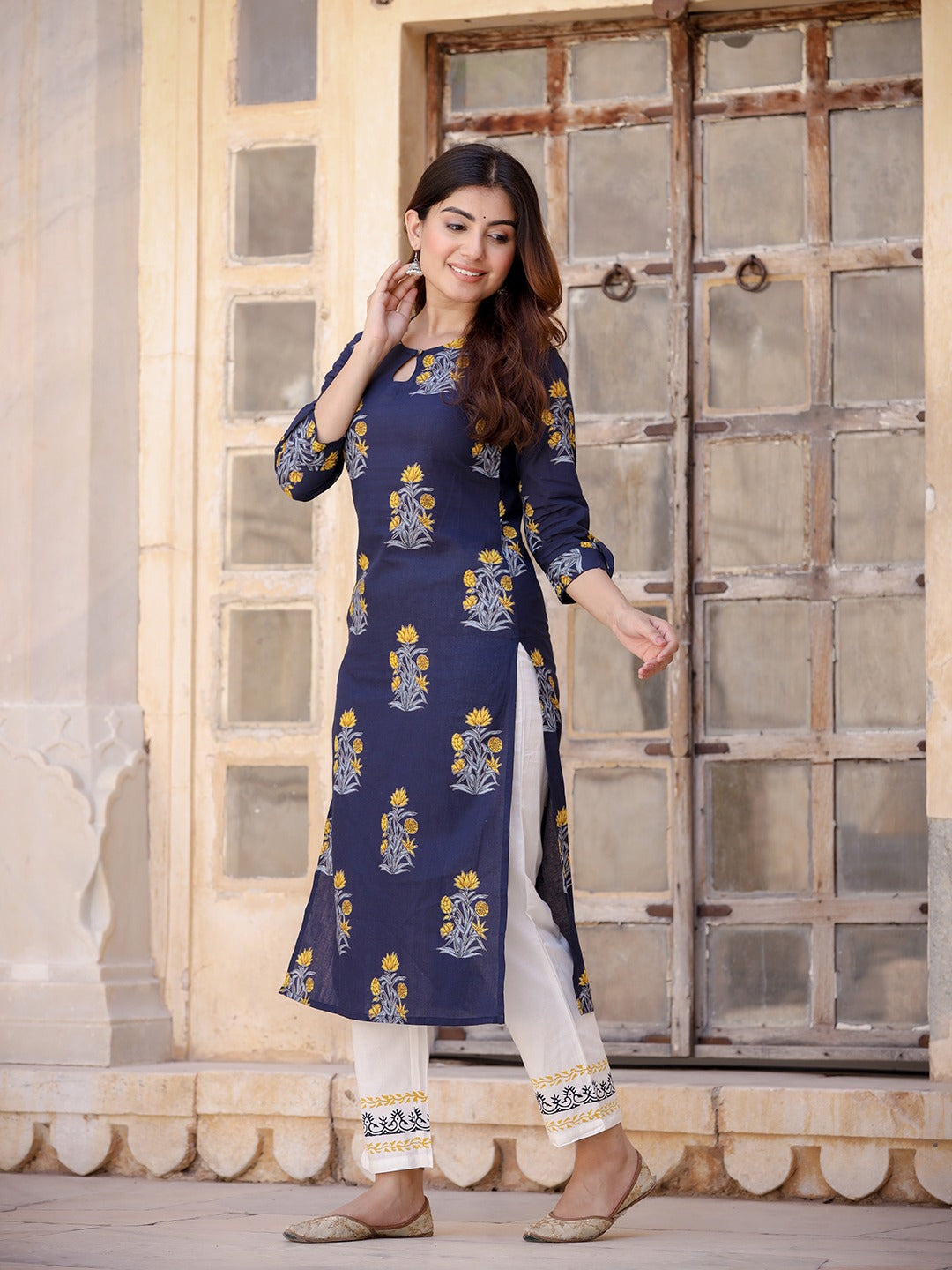 Navy Blue & Mustard Kurta Set-Yufta Store-9205SETBLXS