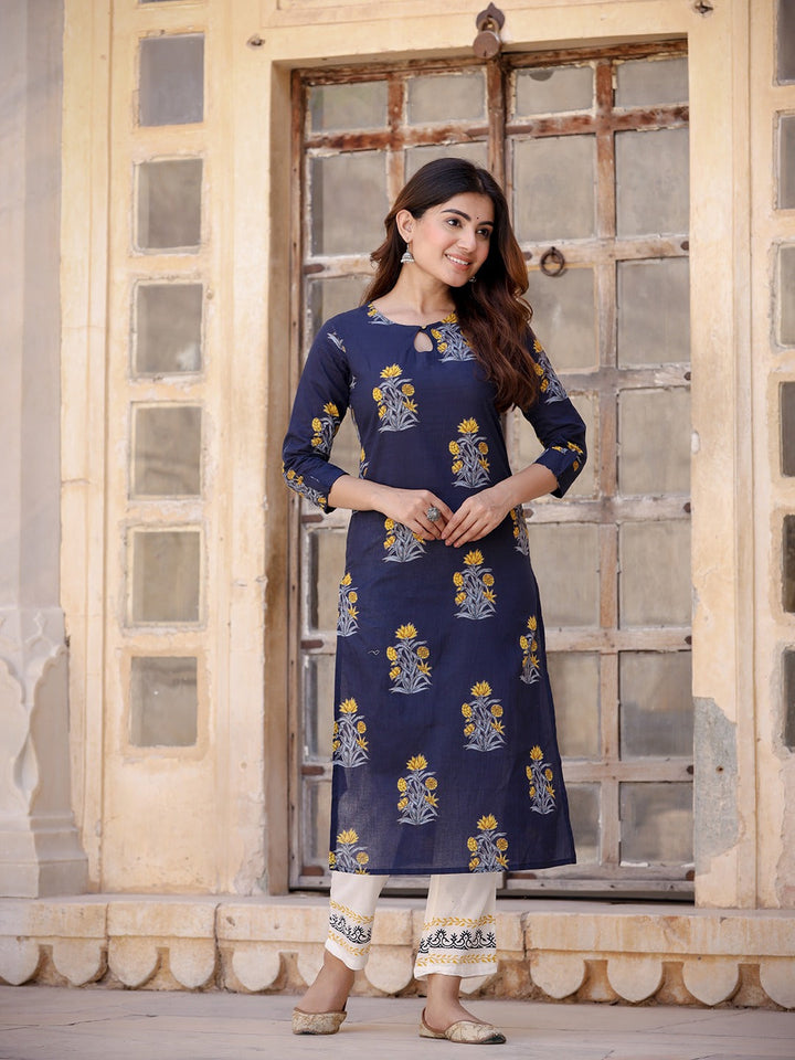 Navy Blue & Mustard Kurta Set-Yufta Store-9205SETBLXS