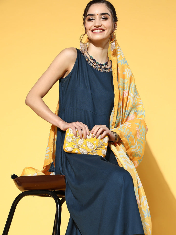 Navy Blue & Mustard Solid Printed Dupatta Set-Yufta Store-9433SKDBLS