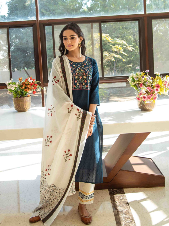 Navy Blue & Off-White Printed Dupatta Set