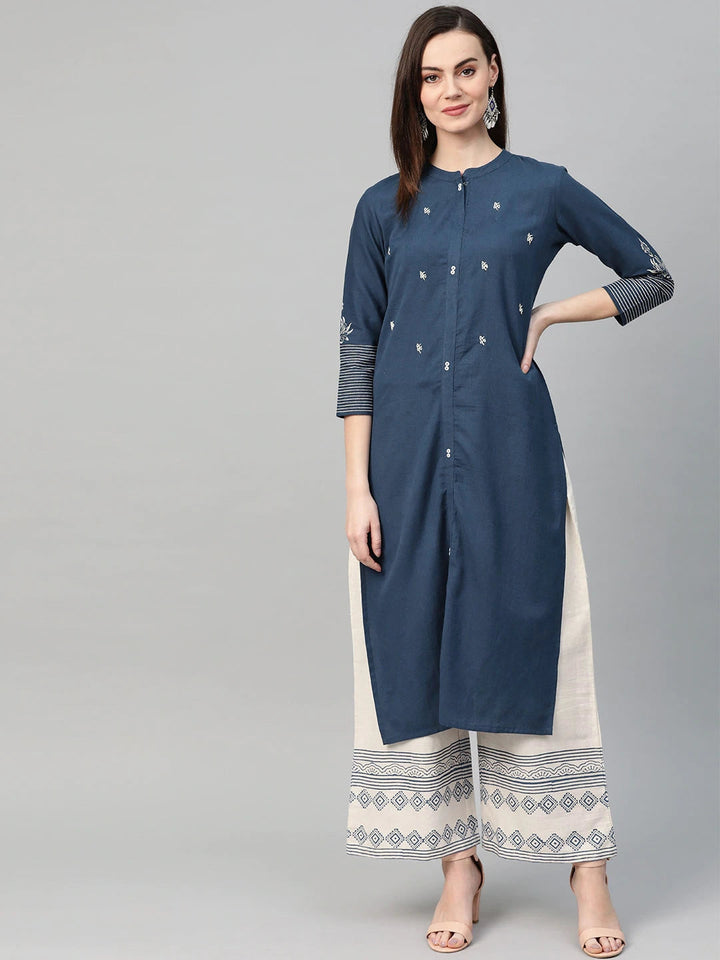 Navy Blue & Off-White Printed Kurta Set-Yufta Store-7319SETBLS