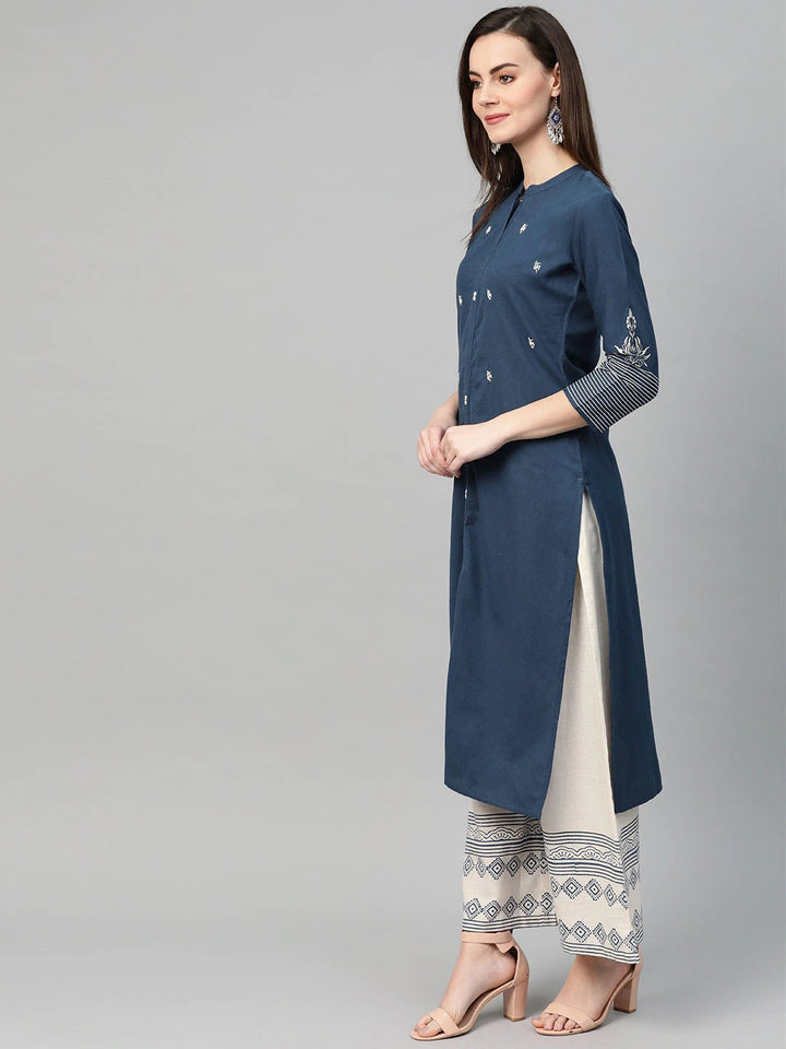 Navy Blue & Off-White Printed Kurta Set-Yufta Store-7319SETBLS