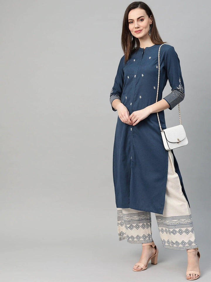 Navy Blue & Off-White Printed Kurta Set-Yufta Store-7319SETBLS