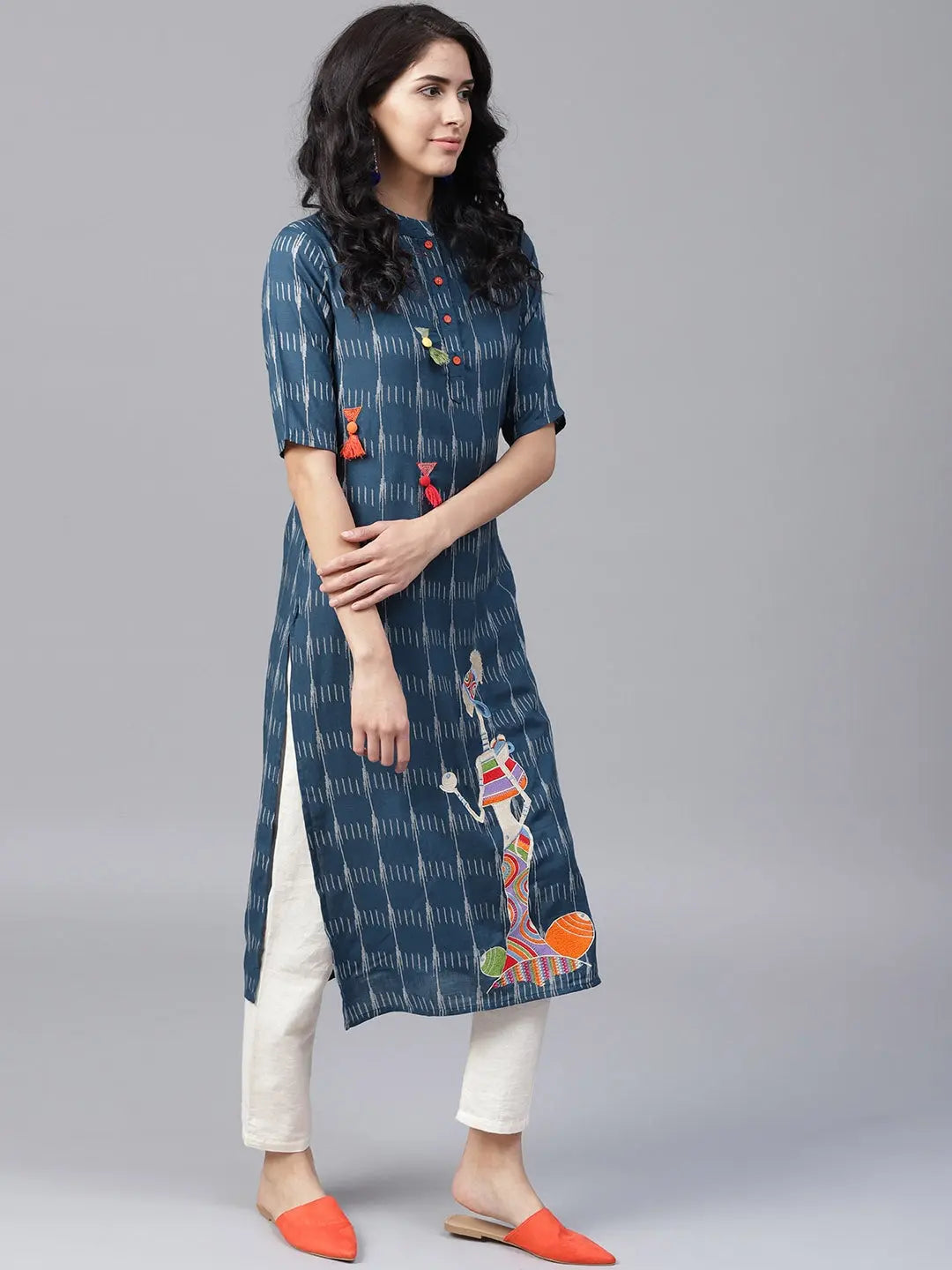 Navy Blue & Off-White Printed Kurta-Yufta Store-BDAJWKU1513S