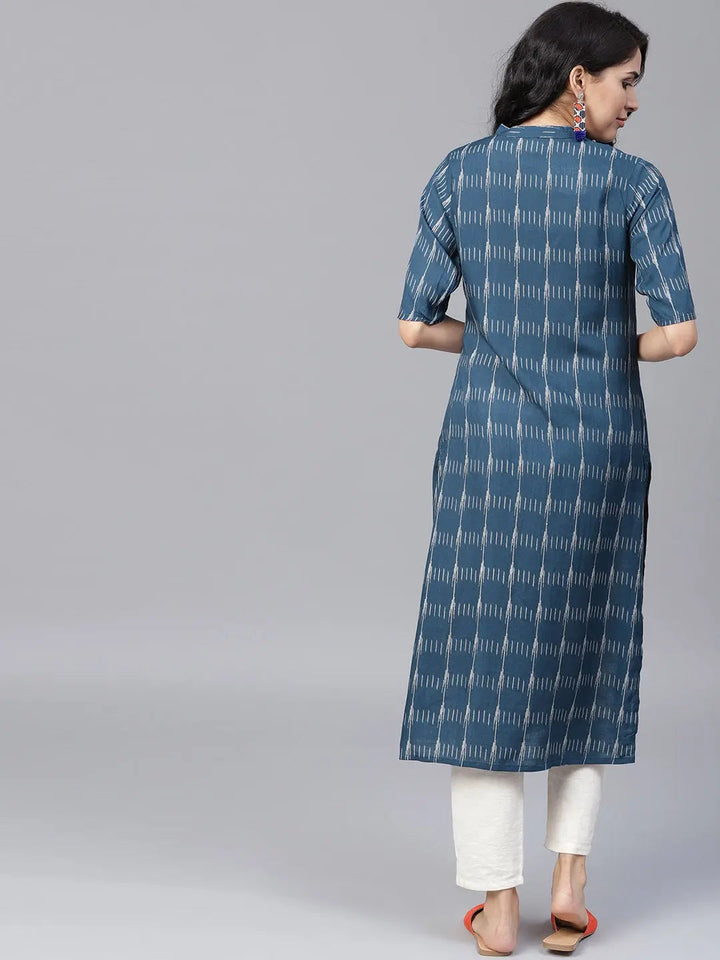 Navy Blue & Off-White Printed Kurta-Yufta Store-BDAJWKU1513S