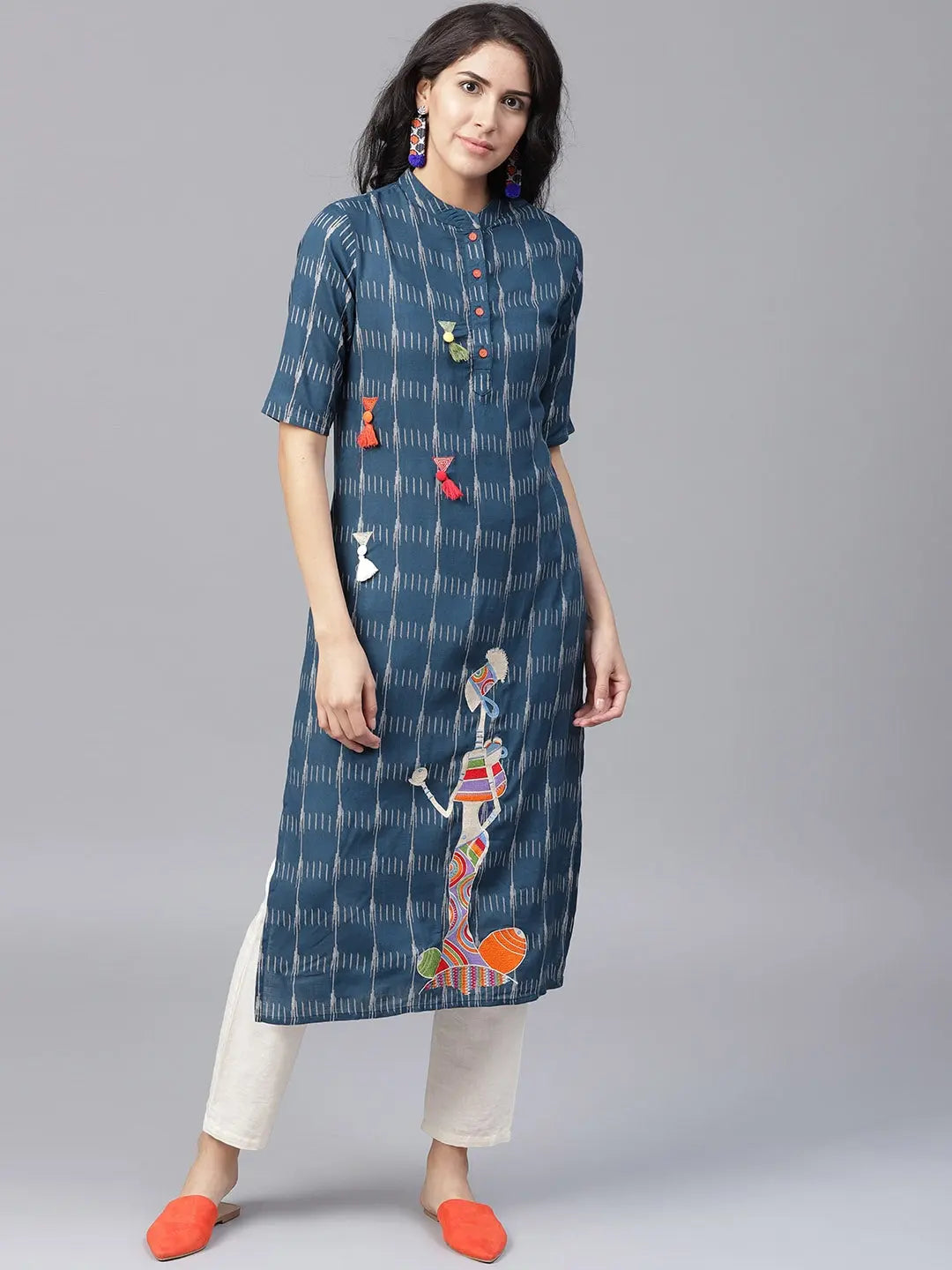 Navy Blue & Off-White Printed Kurta-Yufta Store-BDAJWKU1513S