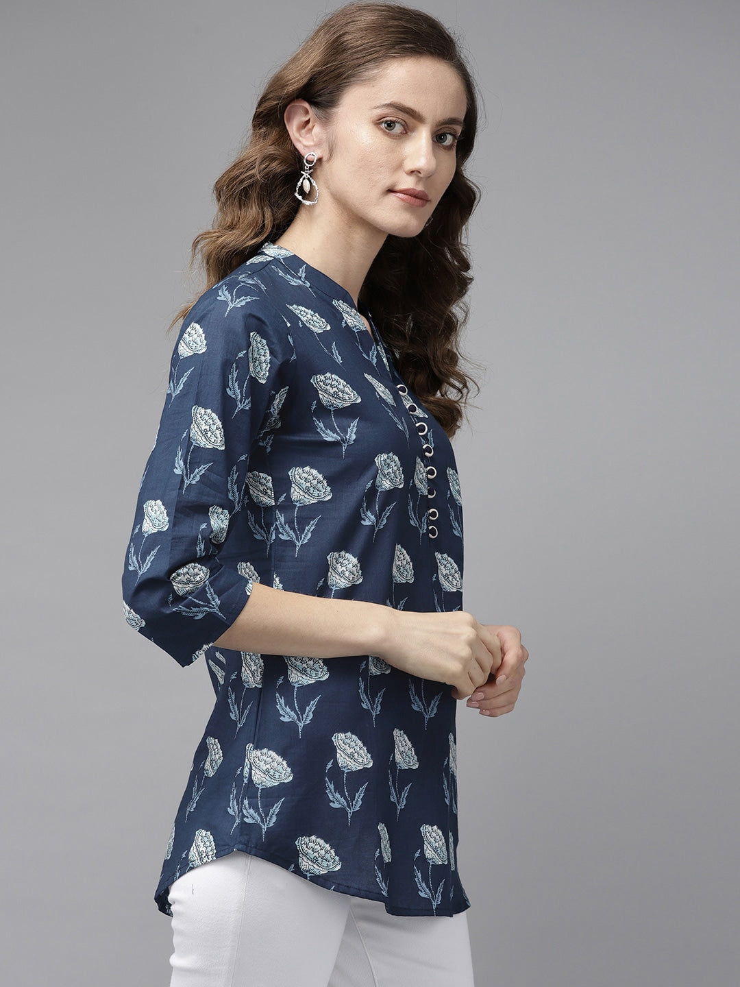 Navy Blue & Offwhite Printed Tunic-Yufta Store-8059TOPNBXS