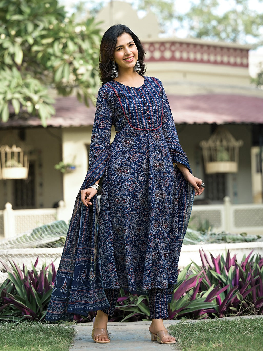 Navy Blue Paisley,Sequins_Work Kurta Trouser with Dupatta Set-Yufta Store-1763SKDNBS