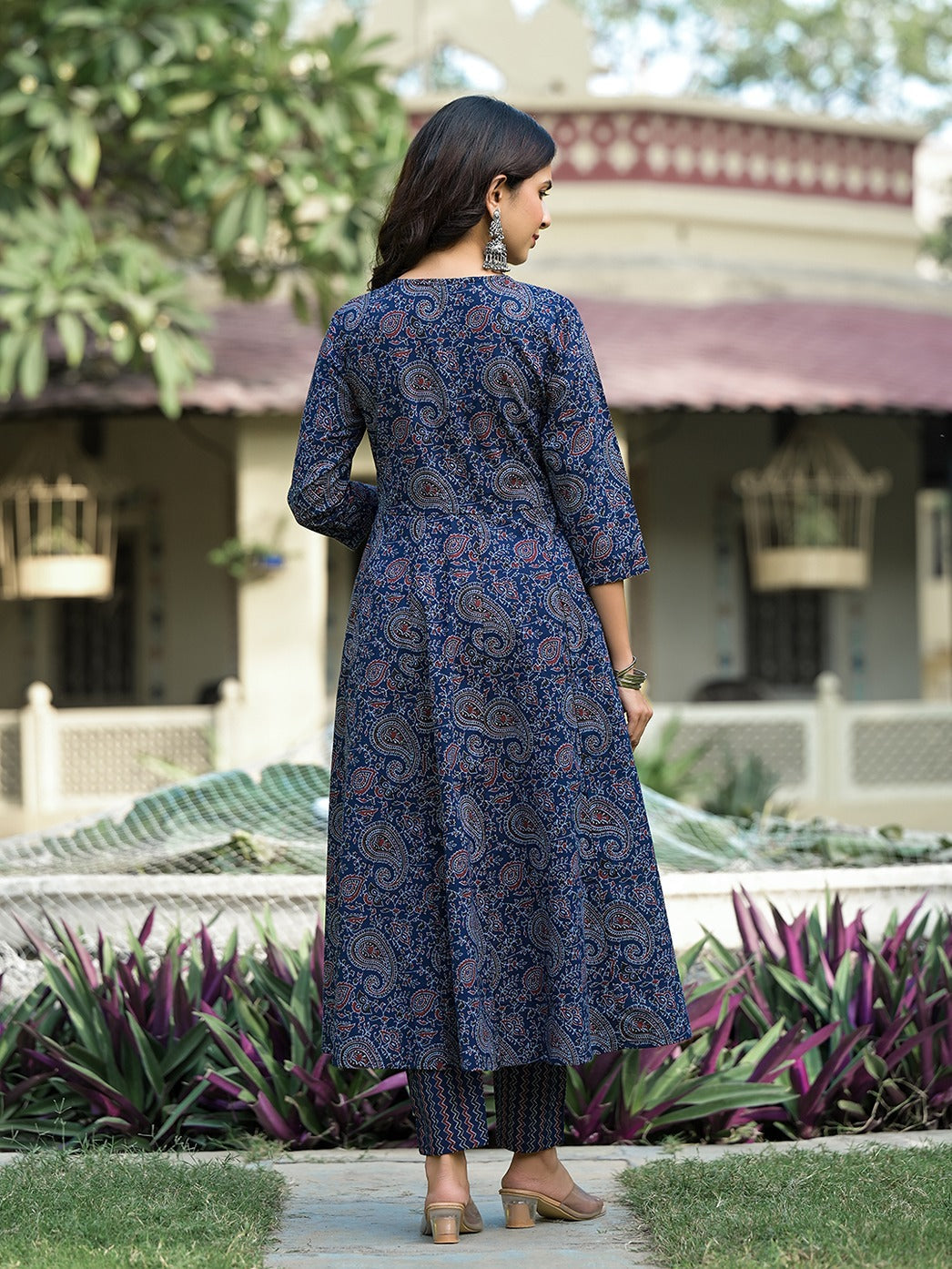 Navy Blue Paisley,Sequins_Work Kurta Trouser with Dupatta Set-Yufta Store-1763SKDNBS