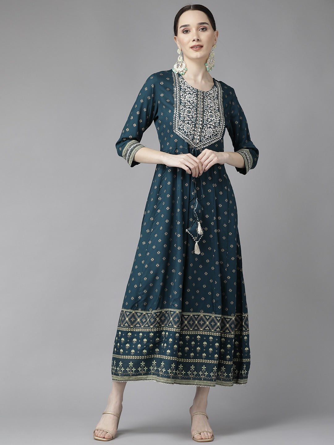 Navy Blue Print Maxi Dress-Yufta Store-2193DRSTBS