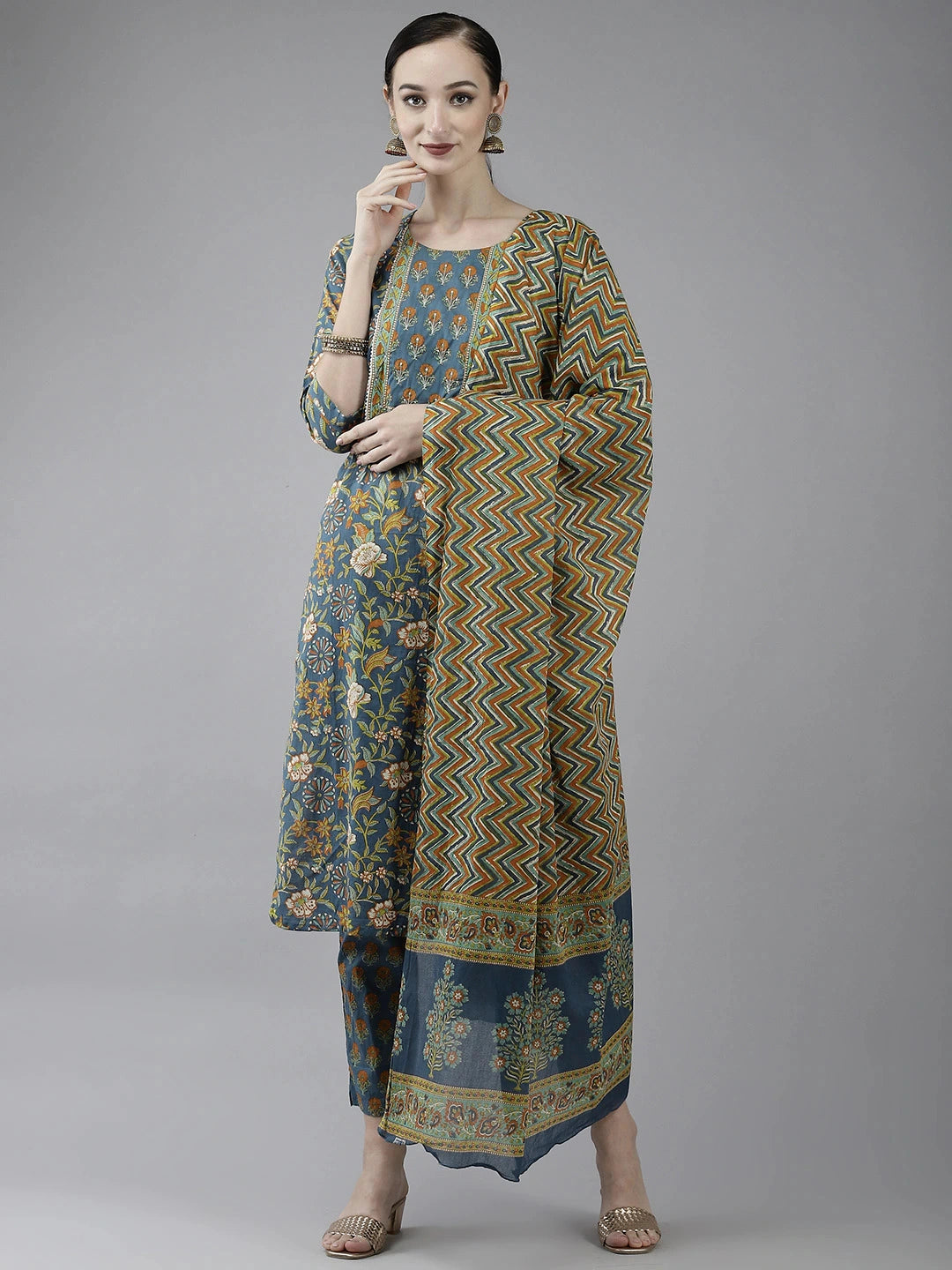 Navy Blue Printed Cotton Dupatta Set-Yufta Store-4783SKDBLM