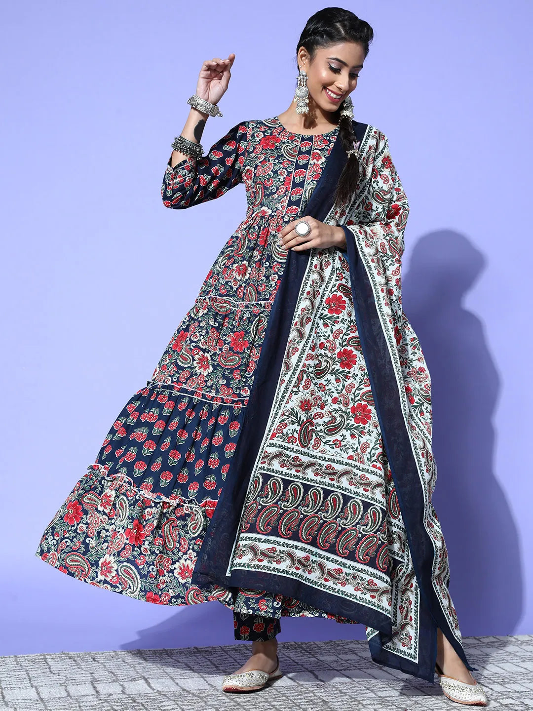 Navy Blue Printed Cotton Dupatta Set-Yufta Store-8118SKDBLS