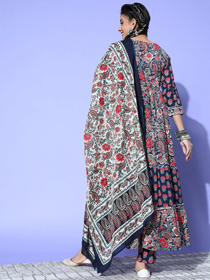 Navy Blue Printed Cotton Dupatta Set-Yufta Store-8118SKDBLS