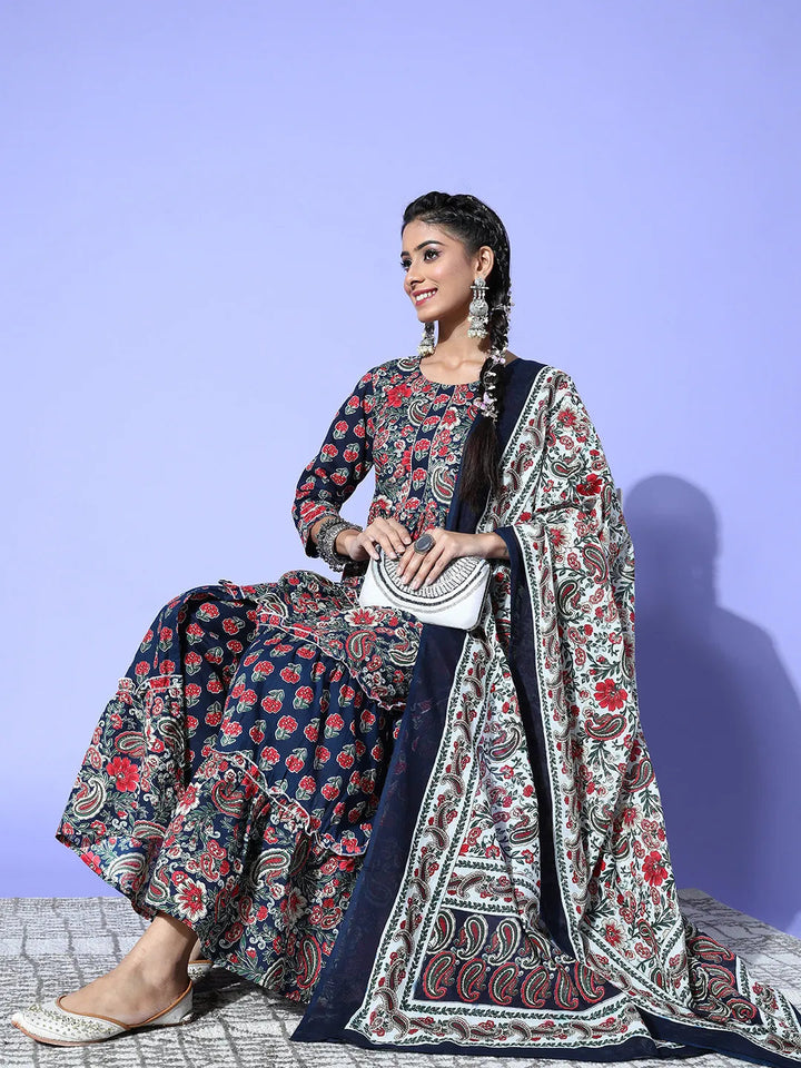 Navy Blue Printed Cotton Dupatta Set