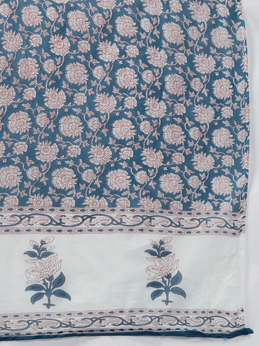 Navy Blue Printed Cotton Dupatta Set-Yufta Store-9768SKDBLS
