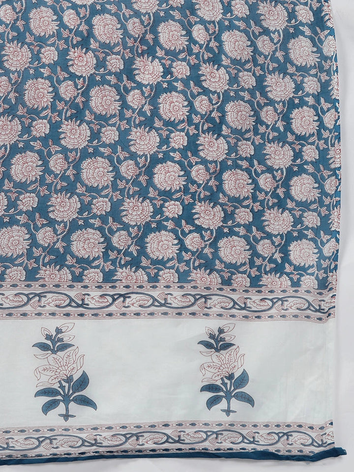 Navy Blue Printed Cotton Dupatta Set-Yufta Store-9768SKDBLS
