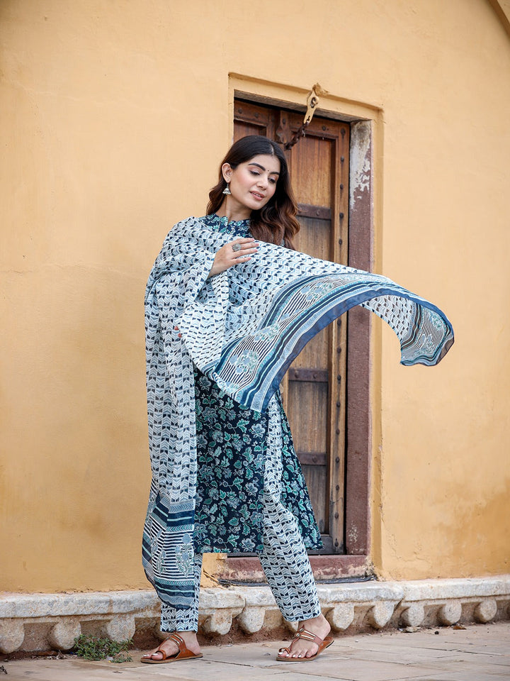 Navy Blue Printed Cotton Dupatta Set-Yufta Store-9846SKDNBS