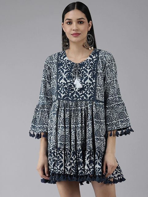 Navy Blue Printed Dress-Yufta Store-9858DRSBLS