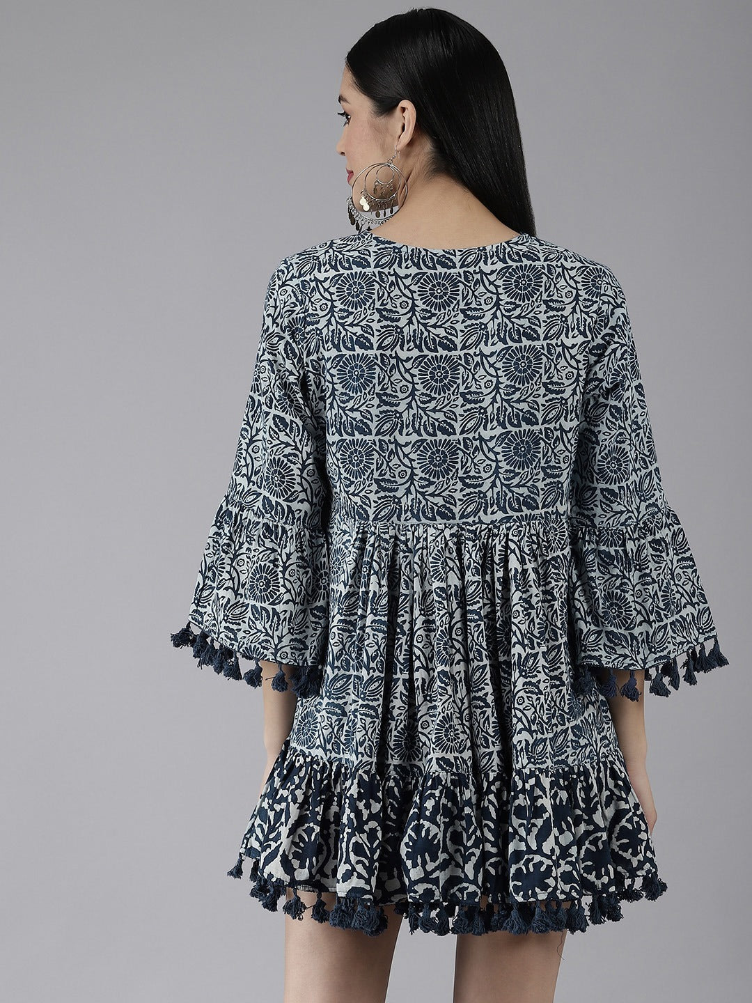 Navy Blue Printed Dress-Yufta Store-9858DRSBLS