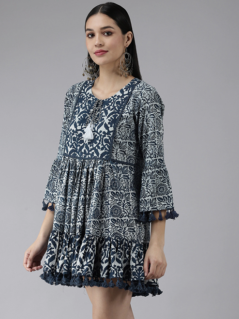 Navy Blue Printed Dress-Yufta Store-9858DRSBLS