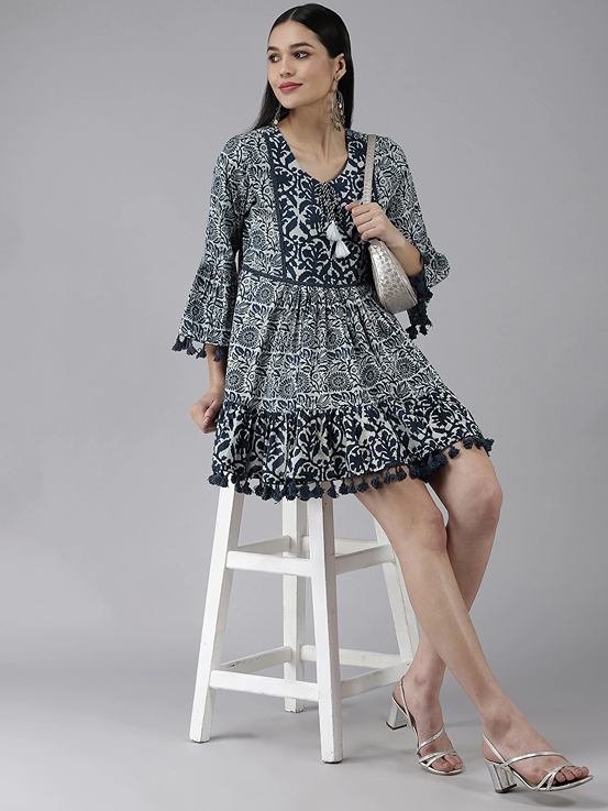 Navy Blue Printed Dress-Yufta Store-9858DRSBLS