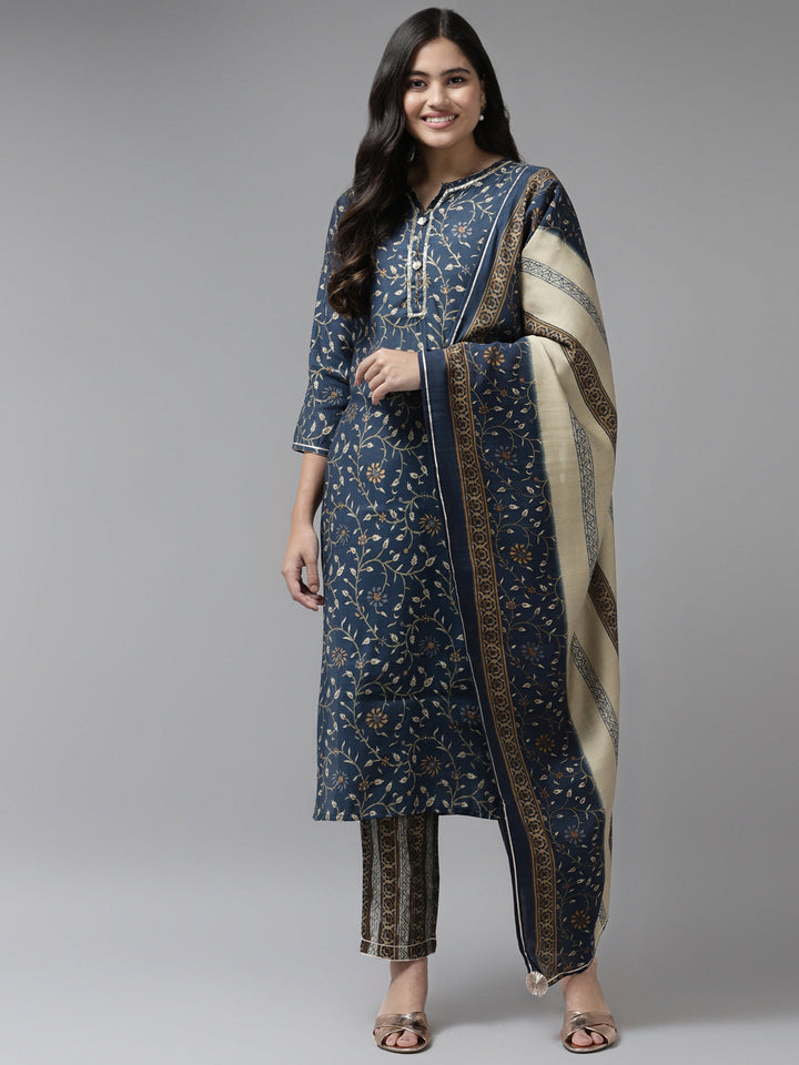 Navy Blue Printed Dupatta Set-Yufta Store-5606SKDBLM