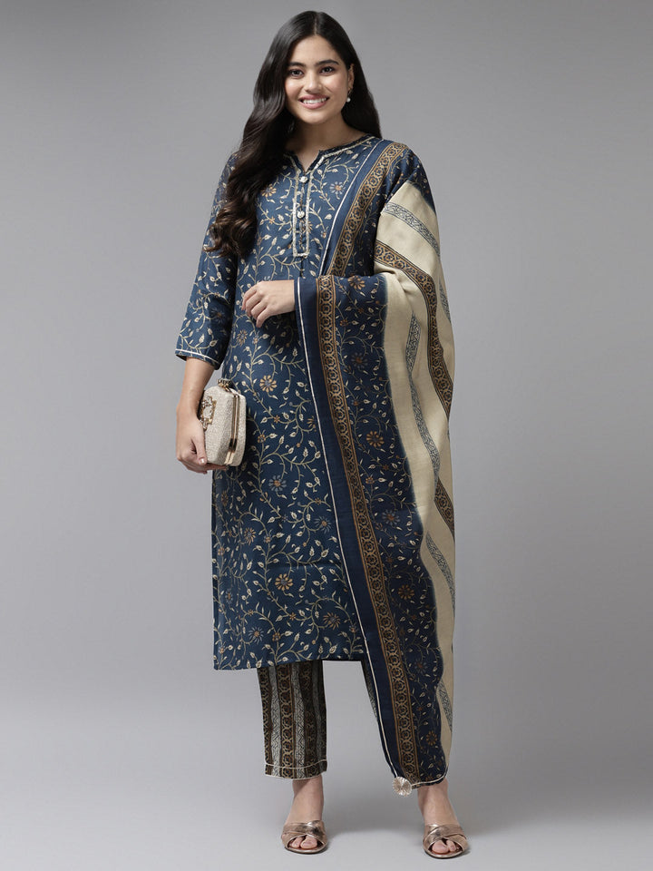 Navy Blue Printed Dupatta Set-Yufta Store-5606SKDBLM