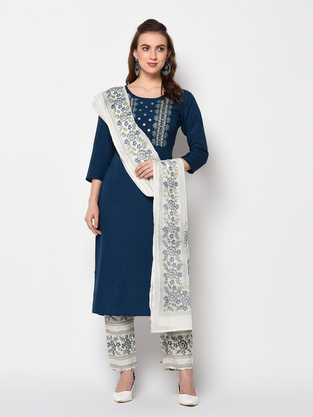 Navy Blue Printed Dupatta Set-Yufta Store-7511SETNBS