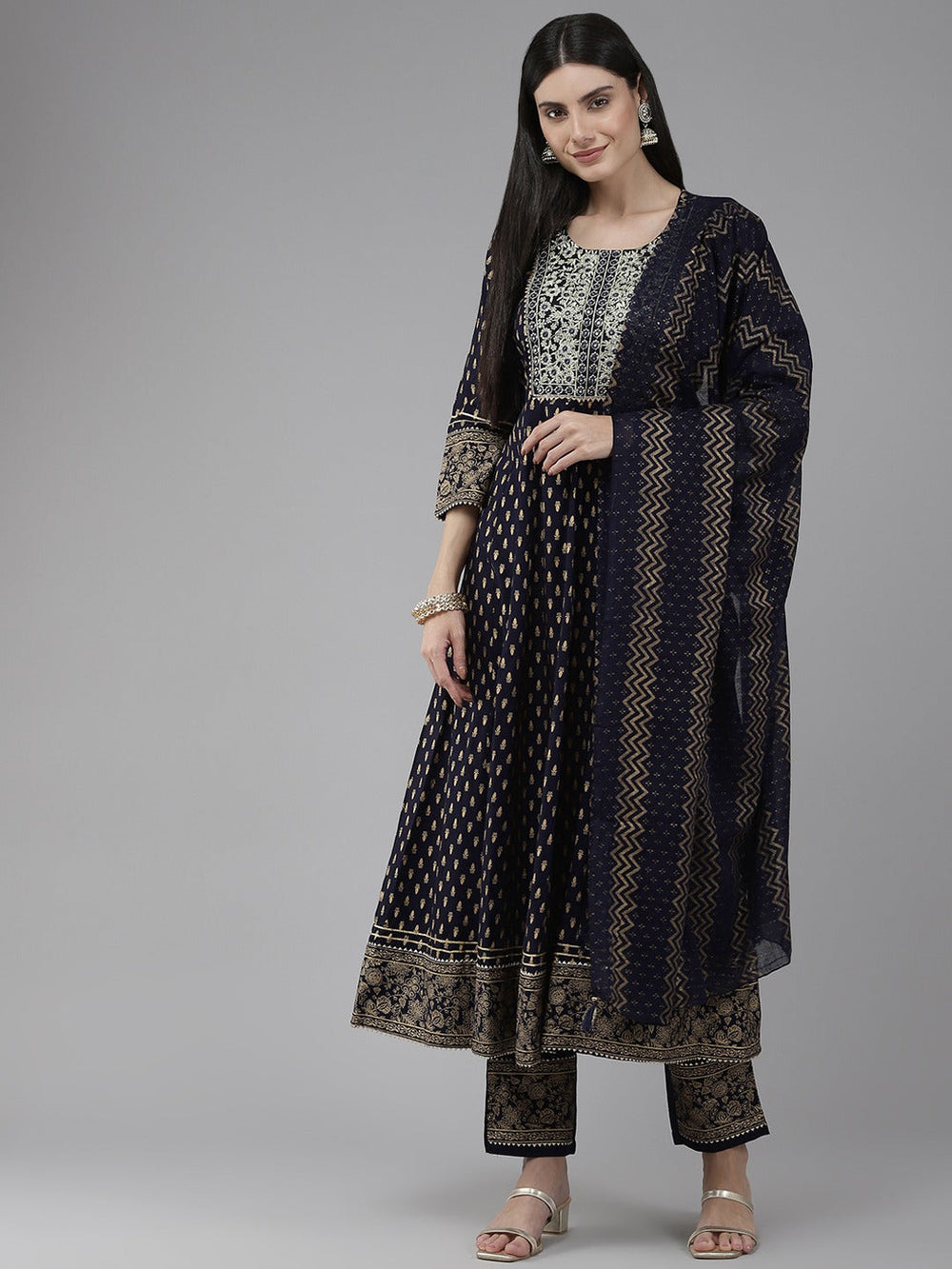 Navy Blue Printed Dupatta Set-Yufta Store-9905SKDBLS