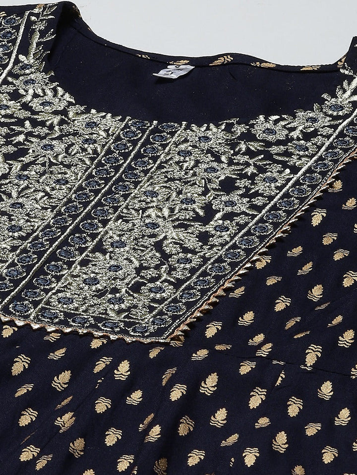 Navy Blue Printed Dupatta Set-Yufta Store-9905SKDBLS