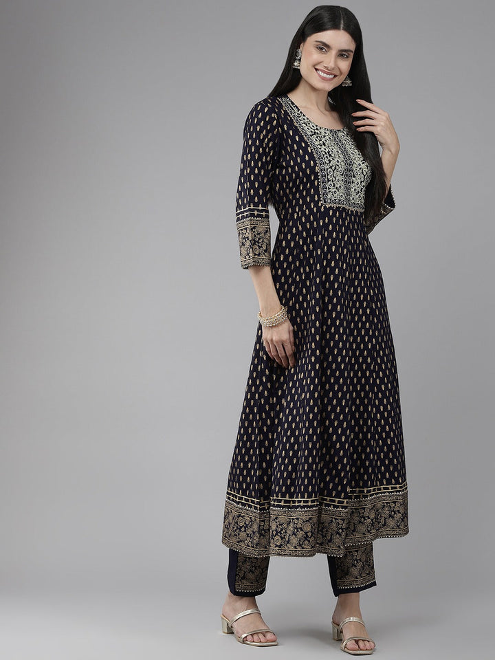 Navy Blue Printed Dupatta Set-Yufta Store-9905SKDBLS