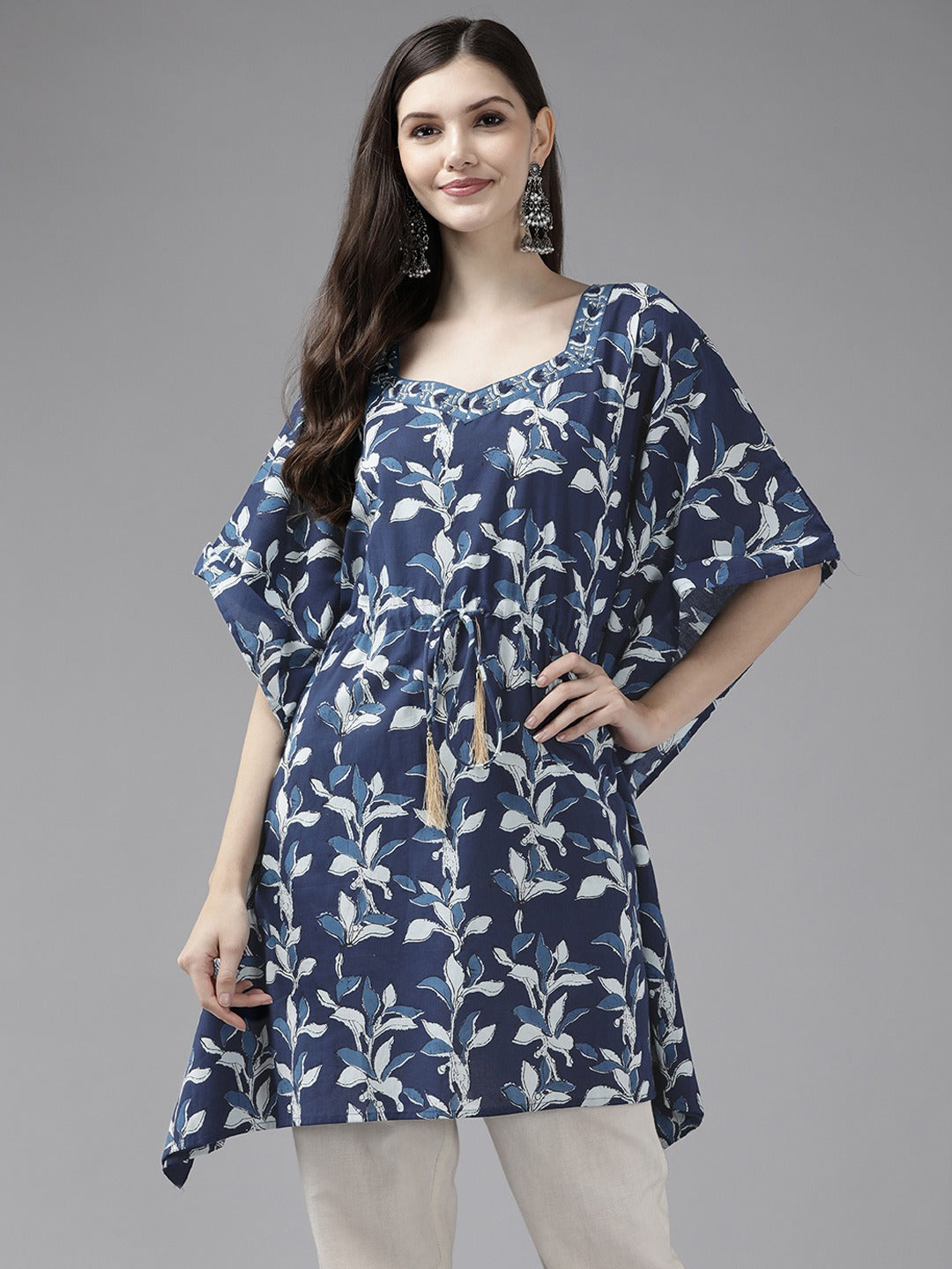 Navy Blue Printed Kaftan Kurta-Yufta Store-2808KFTNBM