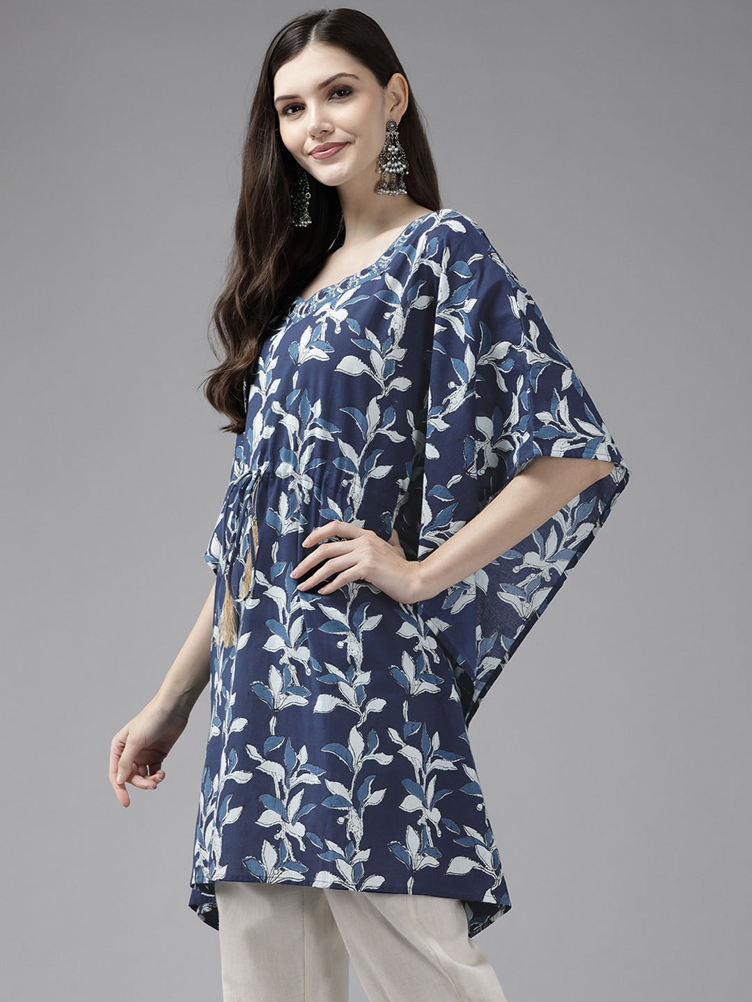 Navy Blue Printed Kaftan Kurta-Yufta Store-2808KFTNBM