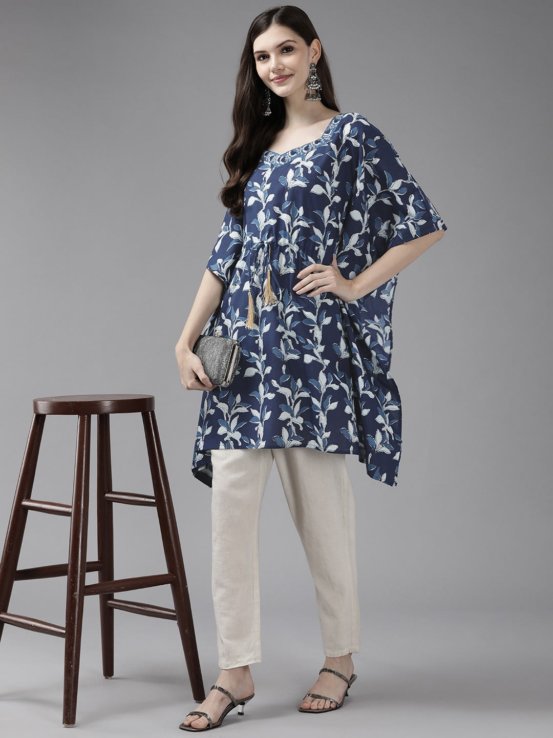 Navy Blue Printed Kaftan Kurta-Yufta Store-2808KFTNBM