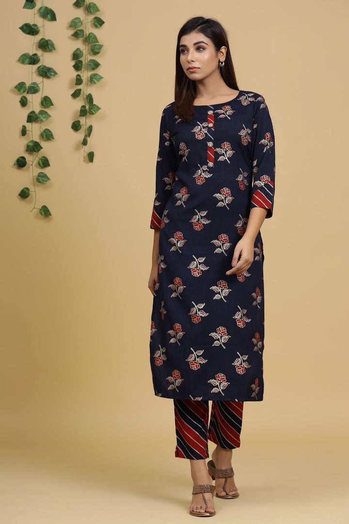 Navy Blue Printed Kurta Set-Yufta Store-2728SETNBM