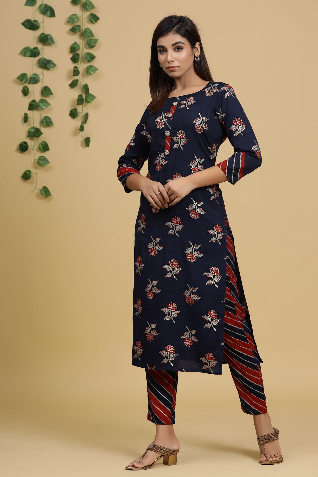 Navy Blue Printed Kurta Set-Yufta Store-2728SETNBM