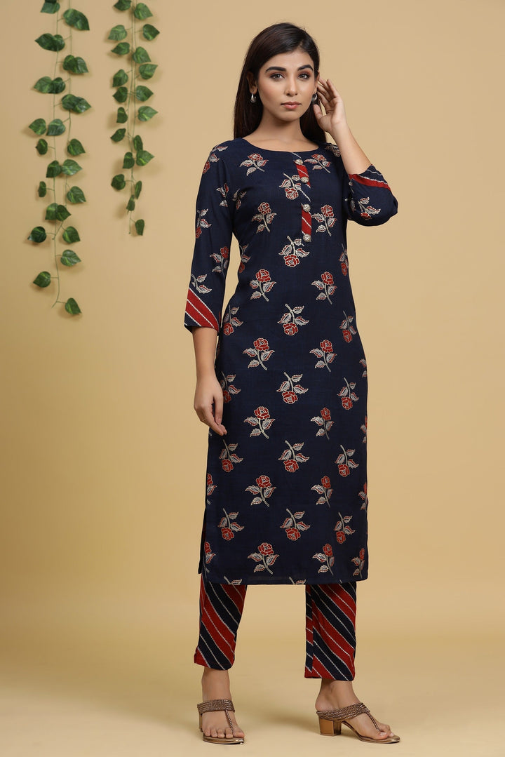 Navy Blue Printed Kurta Set-Yufta Store-2728SETNBM